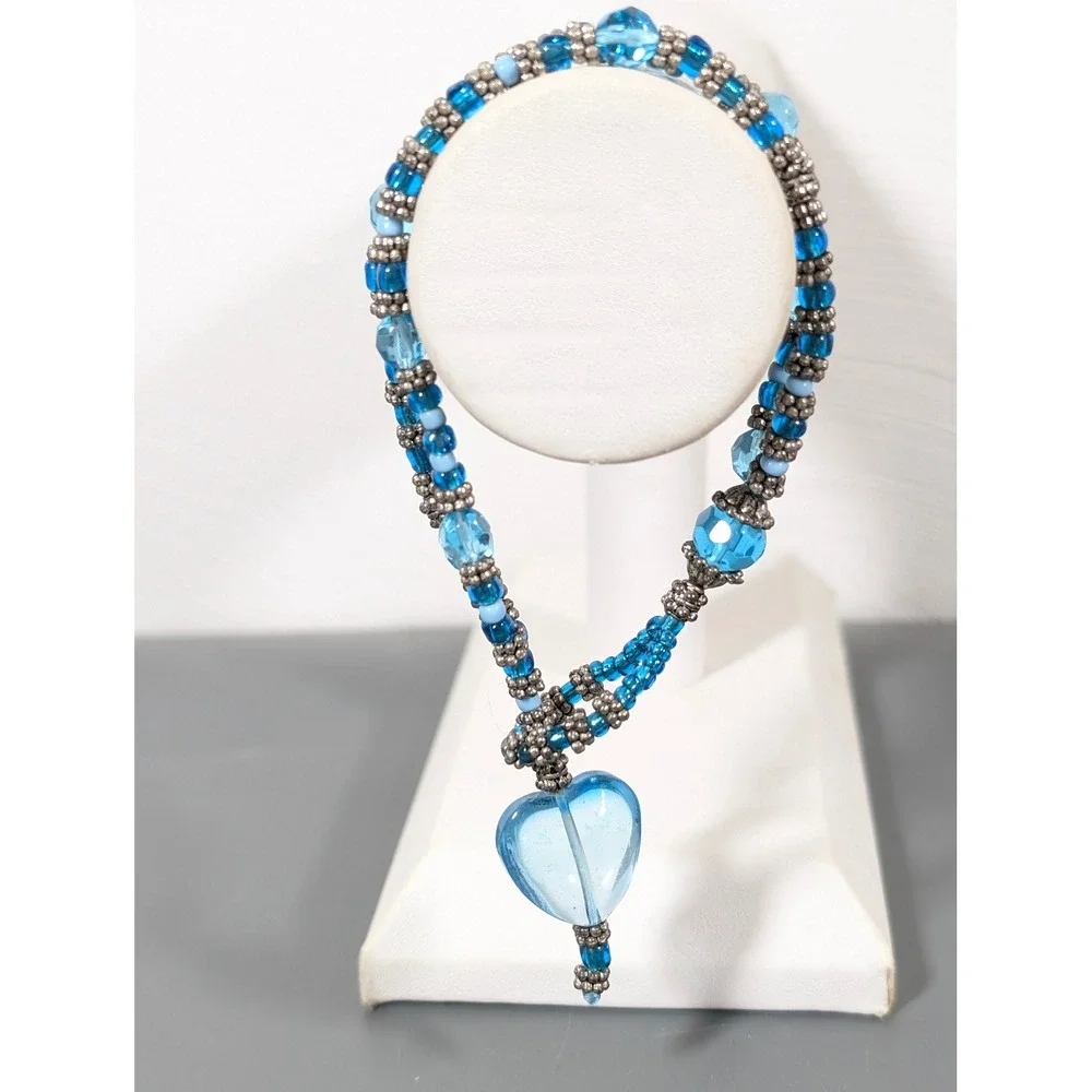 Artisan Blue Glass Puffy Heart Charm Bracelet 8